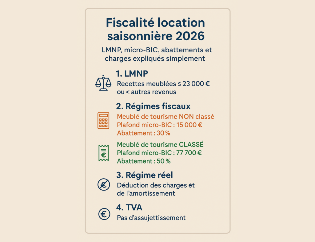La location saisonnière est une excellente manière de rentabiliser un bien immobilier à Meschers-sur-Gironde, Royan et sur la Côte de Beauté.
Mais beaucoup de propriétaires se posent des questions sur la fiscalité : quel régime choisir ? Quelles charges déduire ?
Y a-t-il de la TVA à facturer ?
...
