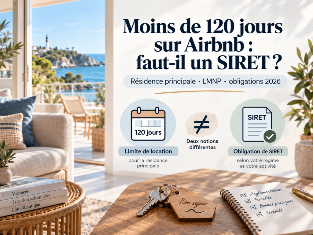La location saisonnière attire de plus en plus de propriétaires sur Royan, Meschers ou la Côte de Beauté. Mais une question revient sans cesse : « Si je loue moins de 120 jours par an sur Airbnb, dois-je quand même avoir un numéro SIRET ? »