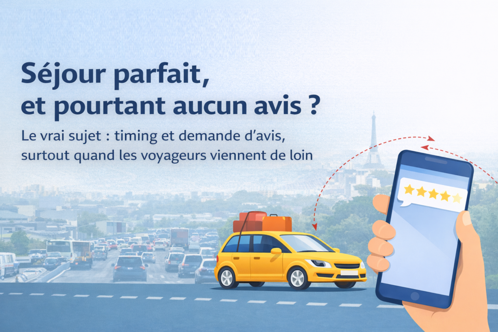 Le vrai sujet : le bon timing (surtout quand vos voyageurs viennent de loin)
Tu as déjà eu un séjour impeccable : logement propre, arrivées fluides, voyageurs sympas… et zéro avis.
Dans la majorité des cas, ce n’est pas (que) la qualité du logement.
C’est le moment où tu demandes l’avis.