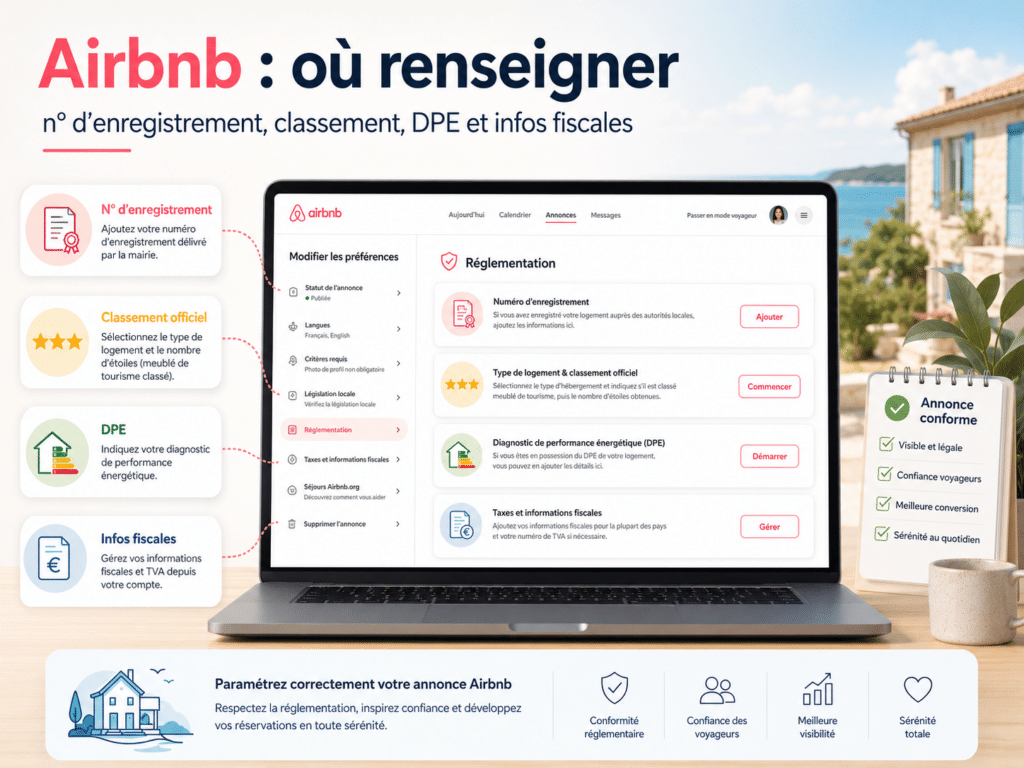 Airbnb : où renseigner le numéro d’enregistrement, le classement, le DPE et les informations fiscales ?